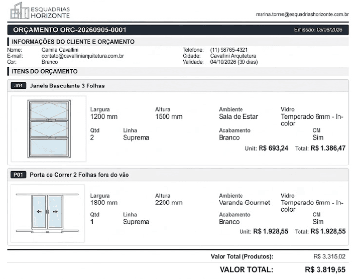 PDF de orçamento gerado pelo Marco, com dados do cliente, itens, medidas e valor total, pronto pra enviar